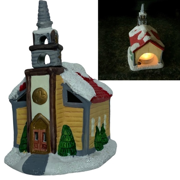 Vintage Village Church Candle Holder Tea Light Porcelain Pierced Cut Outs 3 in - Picture 1 of 16
